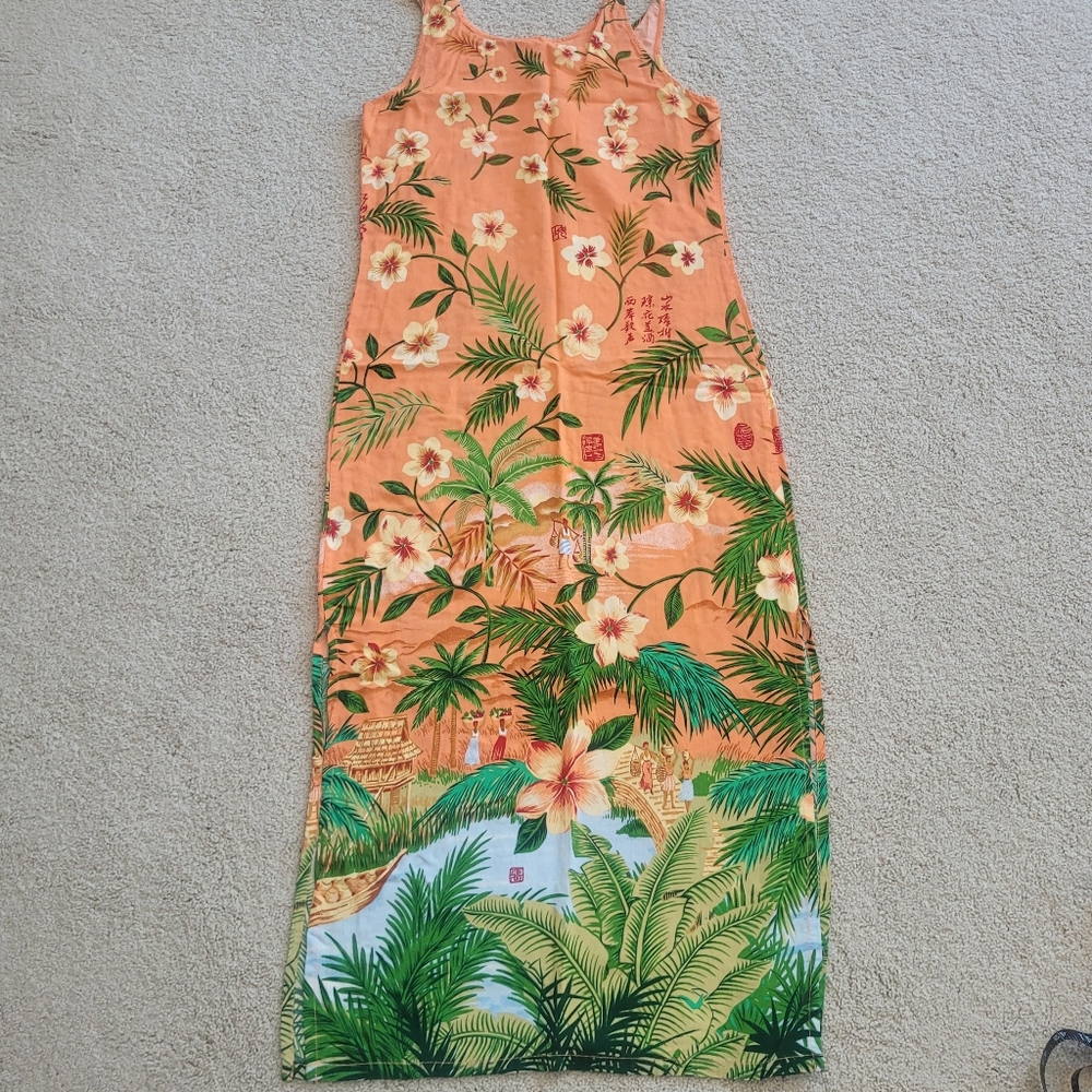 Baja Blue Orange Tropical Floral Maxi Dress Boho Beach Vacation Sz M - Picture 5 of 10